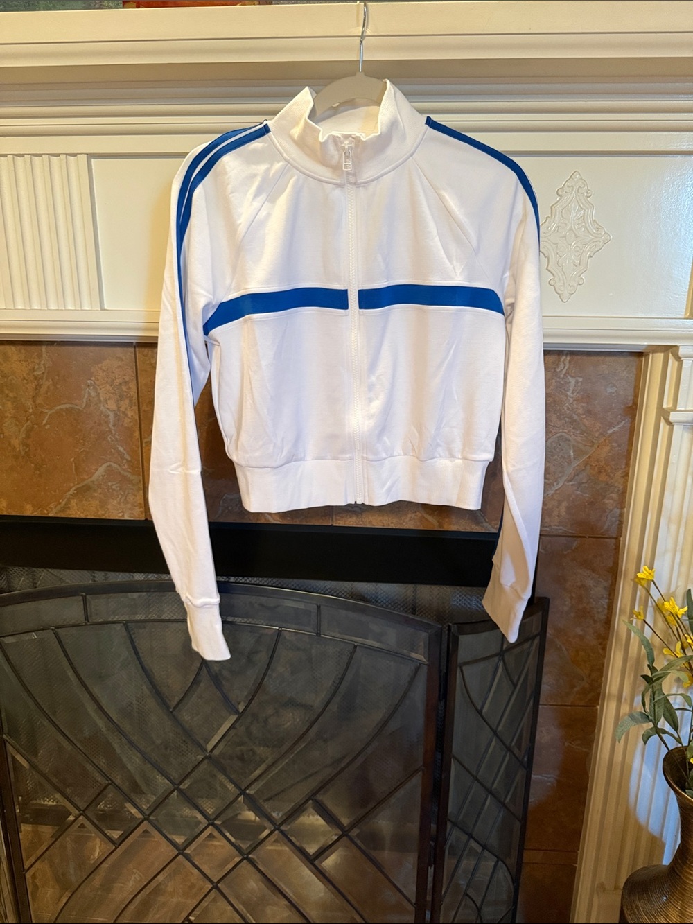 Cropped White Track Jacket with Blue Stripe Accents